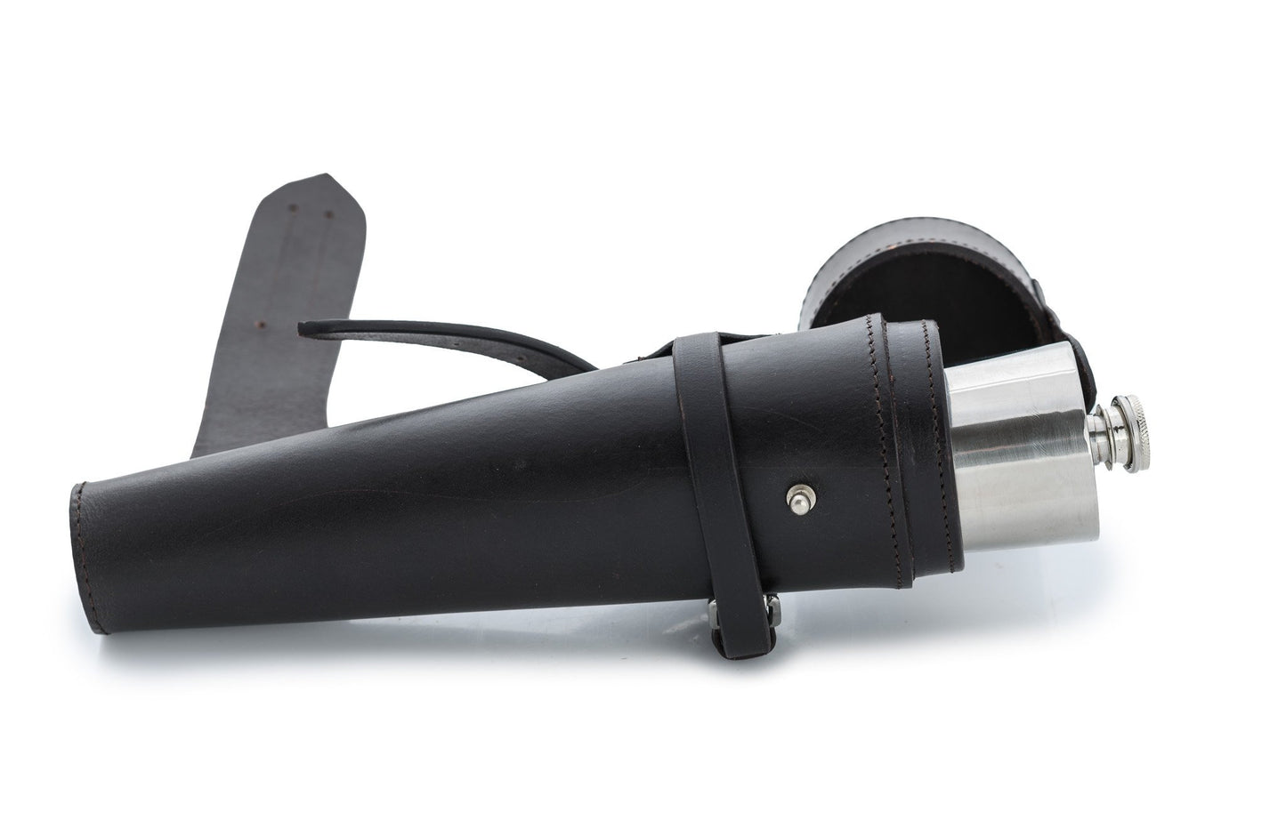 Pewter Mounted Saddle Flask and Leather Case
